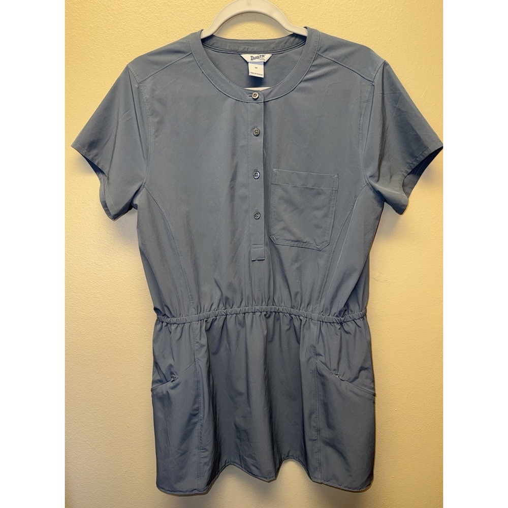 Duluth Trading Co Shirt Dress Blue Short Sleeve Zip Pockets Travel Blue Gray M